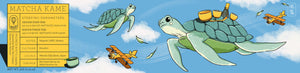 Sea turtles and vintage planes soar through blue skies near Matcha Kame ceremonial grade tea packaging