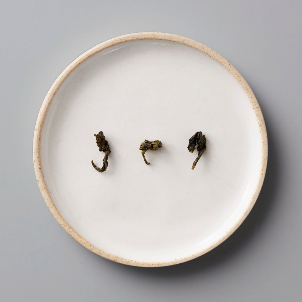 Three small, curled pieces of dark green tea leaves are arranged in a row on a round, white ceramic plate with a light beige rim, set against a gray background.