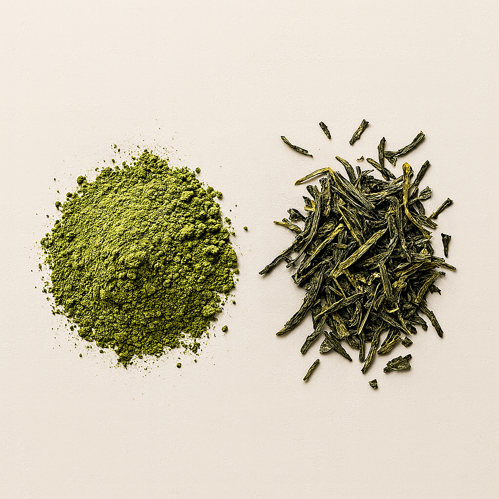 Side-by-side view of vibrant green matcha powder and loose-leaf green tea on a neutral background, photographed in soft natural light.