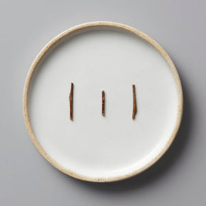 Kabuse Houjicha green tea stems on white ceramic plate with beige rim showing natural roasted color and texture