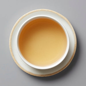 KYOBANCHA NAKAI green tea in white ceramic cup showing amber-colored liquid against grey background