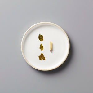 RAINIER tisane blend dried mint and lemongrass leaves on white ceramic plate against grey background