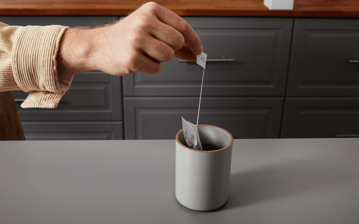 PLA Sachet being steeped in a mug. 