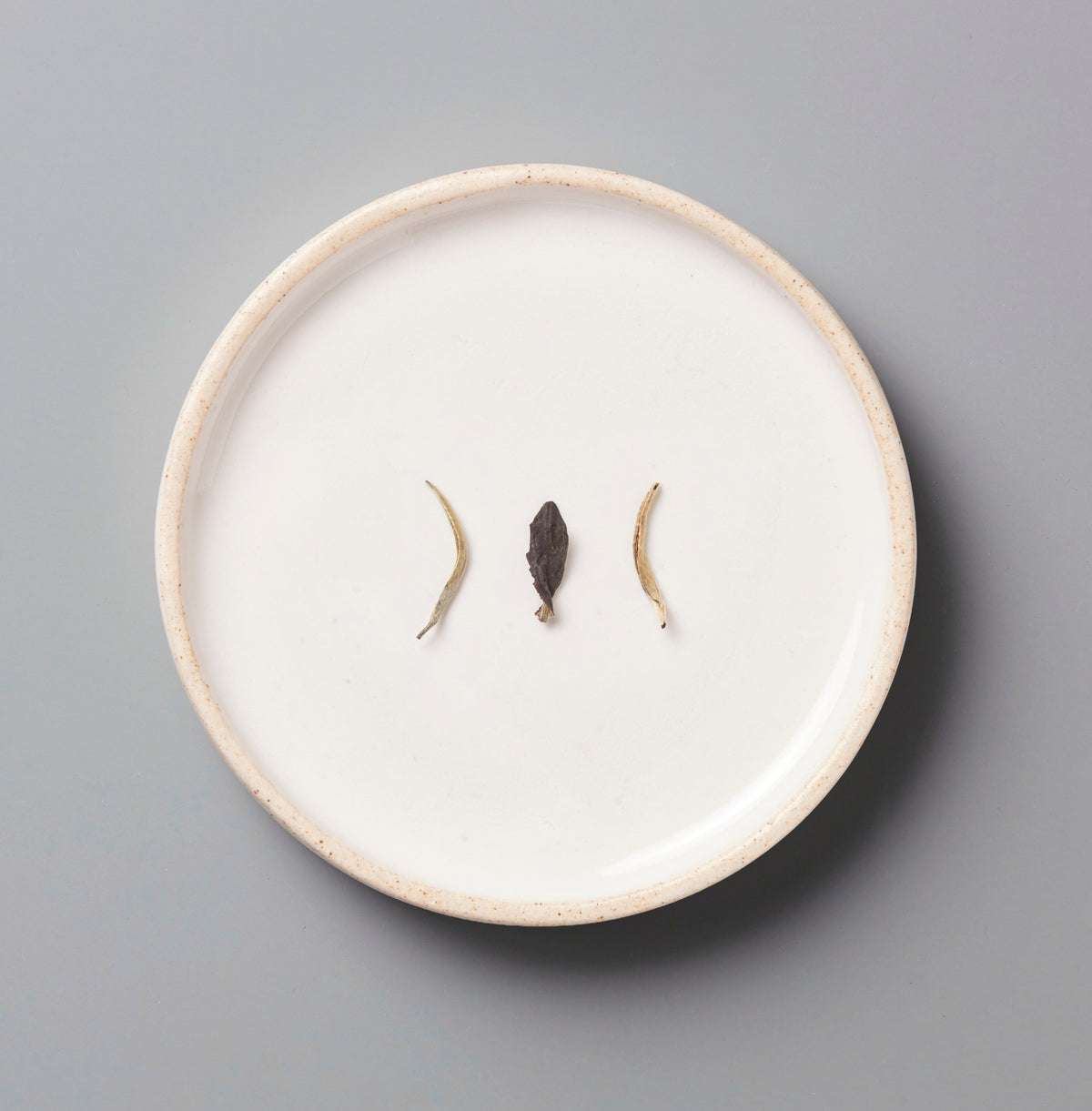 White ceramic plate with three dried bai mu dan leaves on a gray background