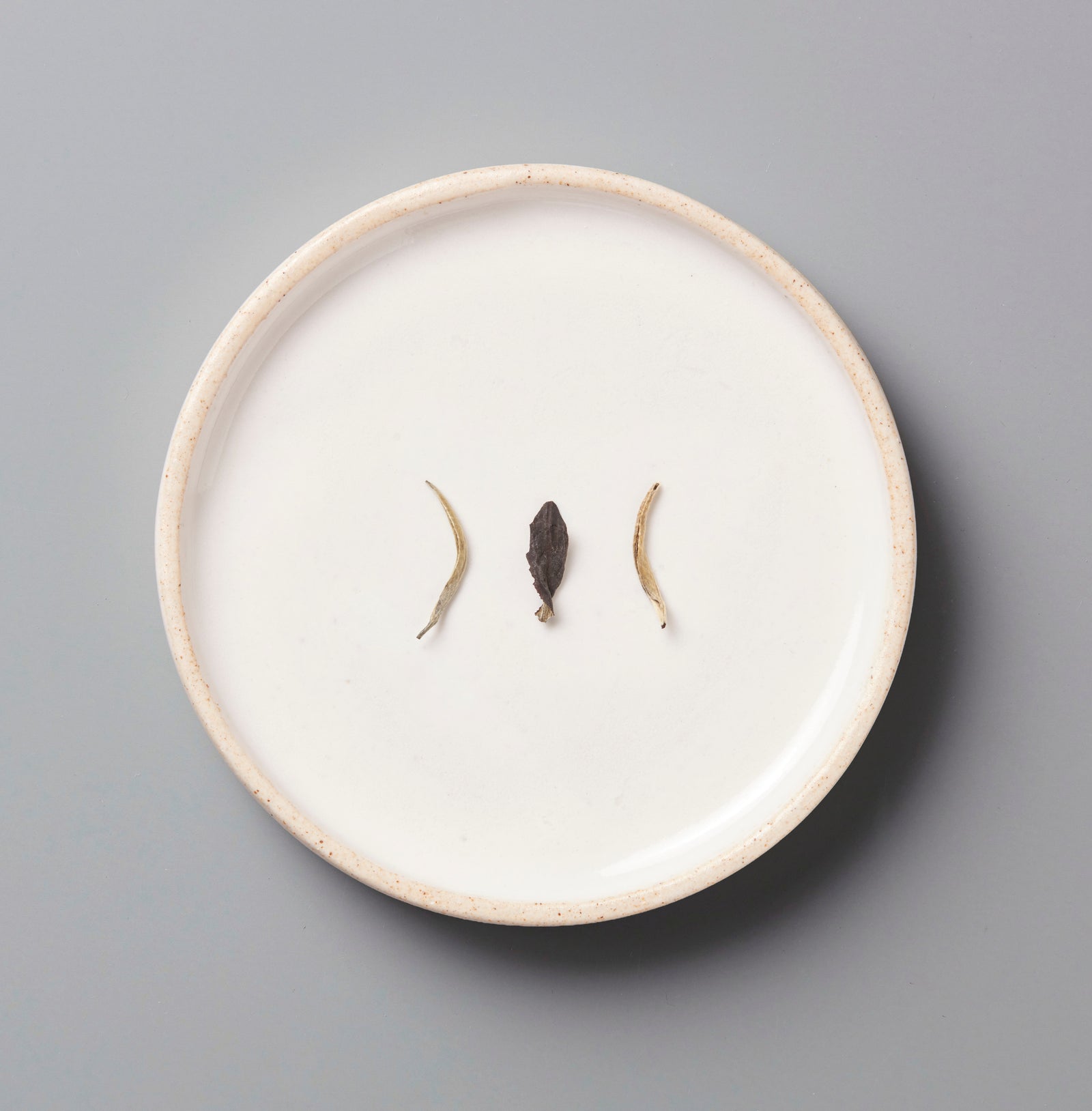 White ceramic plate with three dried bai mu dan leaves on a gray background