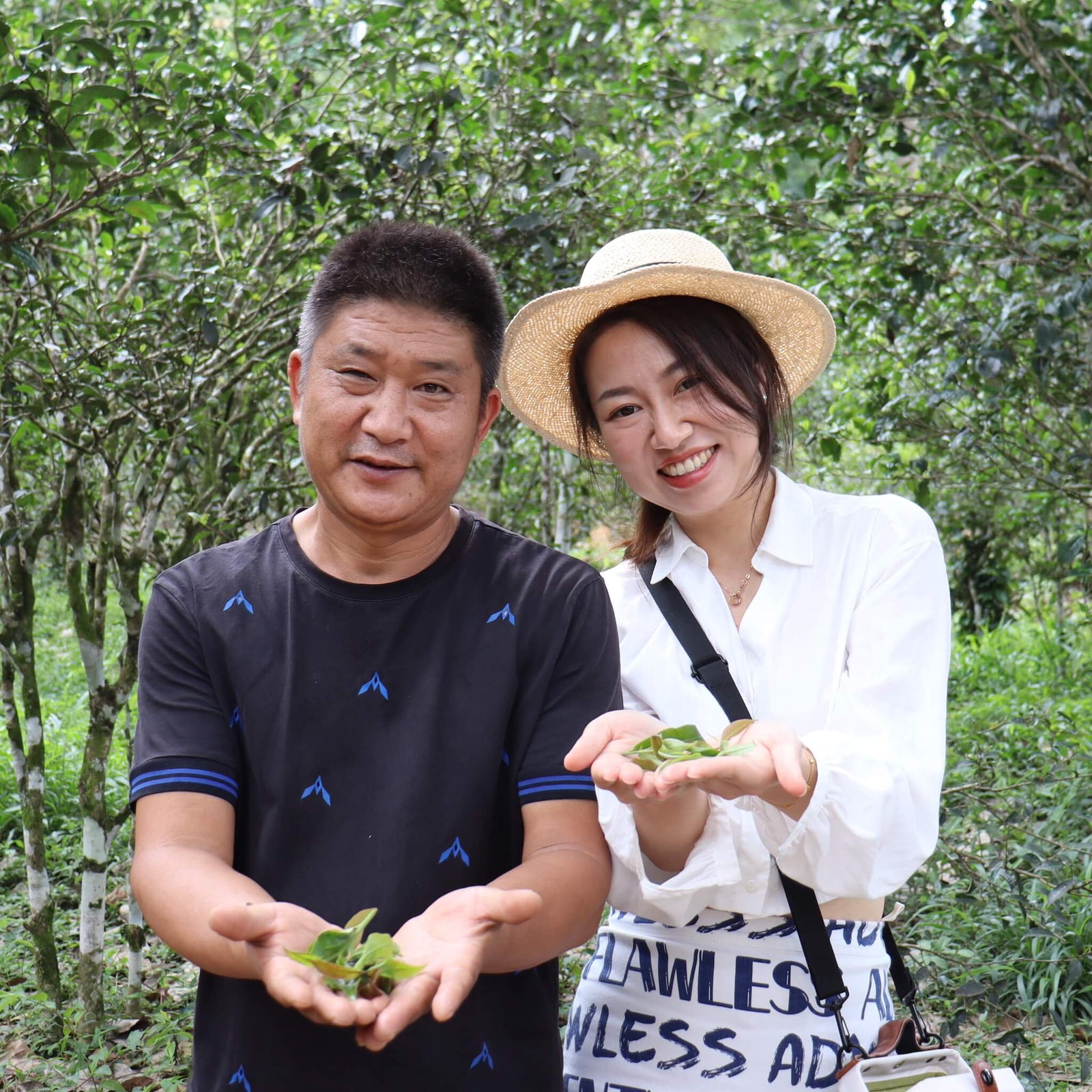 A man and woman smile while holding freshly picked tea leaves in their hands. They're standing amidst lush green tea bushes under a bright sky.