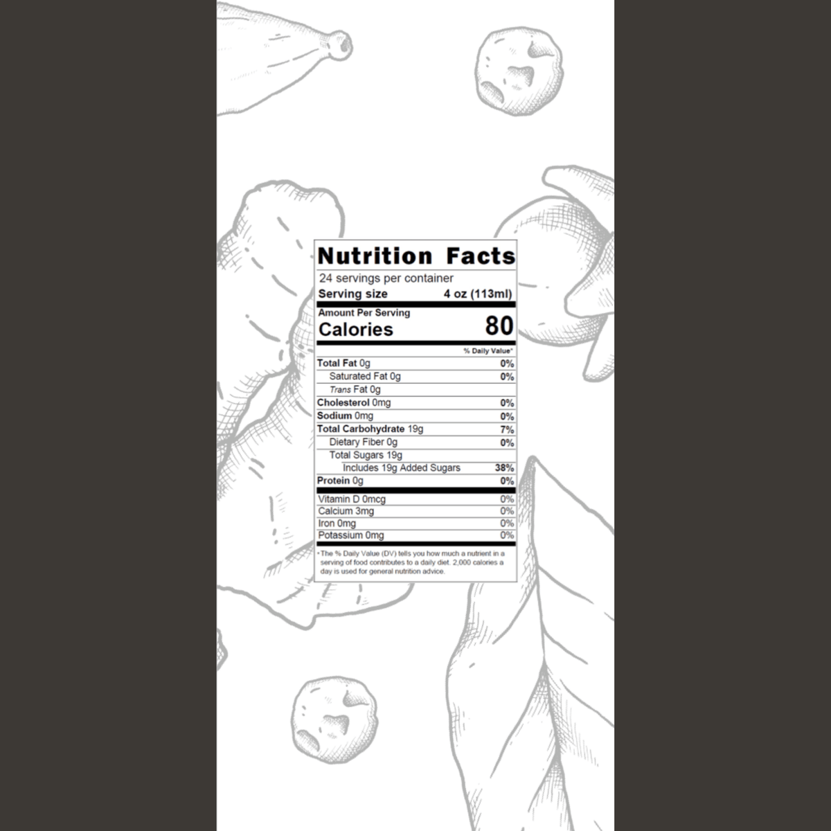 Nutrition facts for masala chai concentrate with 80 calories, 19g sugar, 0g fat, and 24 servings per container.
