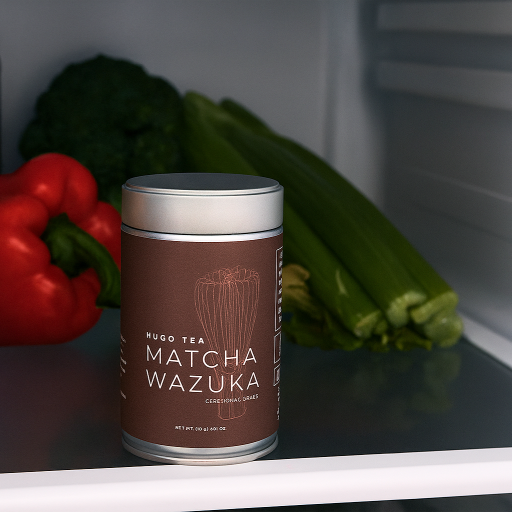 A tin of Hugo Tea Matcha Wazuka sits on a refrigerator shelf, surrounded by fresh vegetables, including a red bell pepper and broccoli, conveying freshness.