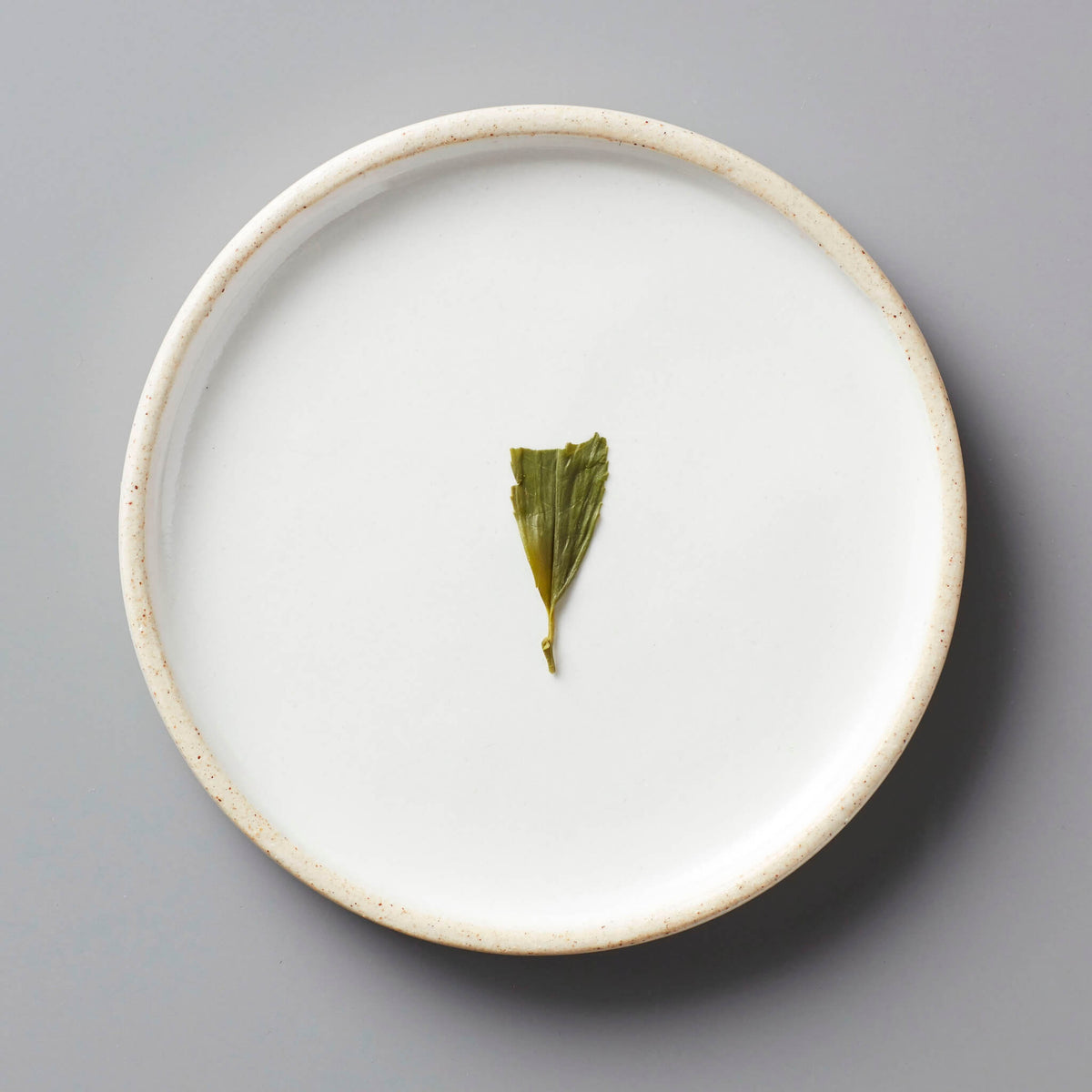 Sencha Fumi green tea leaf displayed on white ceramic plate with beige rim, minimalist presentation