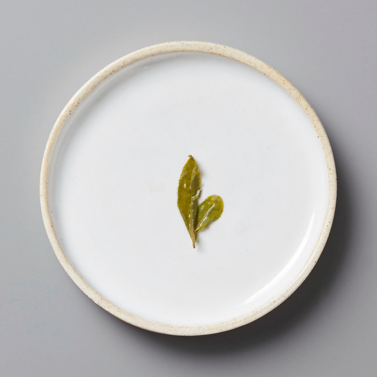 Anshun Maofeng green tea leaves on white ceramic plate with beige rim, minimalist presentation