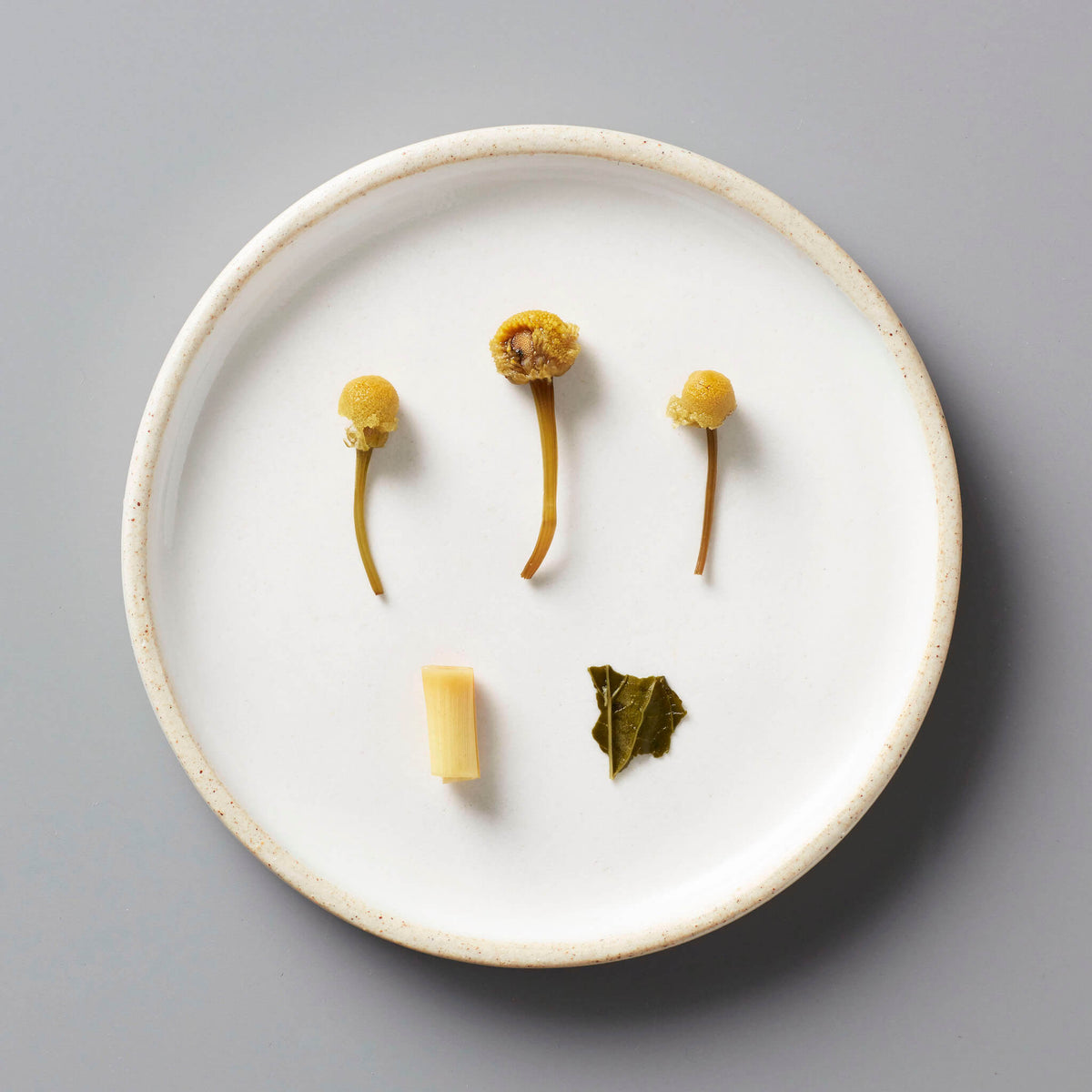BOUQUET tisane blend ingredients displayed on white ceramic plate featuring dried chamomile flowers, lemongrass, and mint leaf