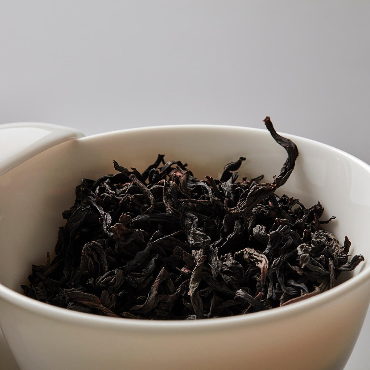 Gaiwan Hugo filled with dark loose-leaf tea in a white porcelain bowl against grey background