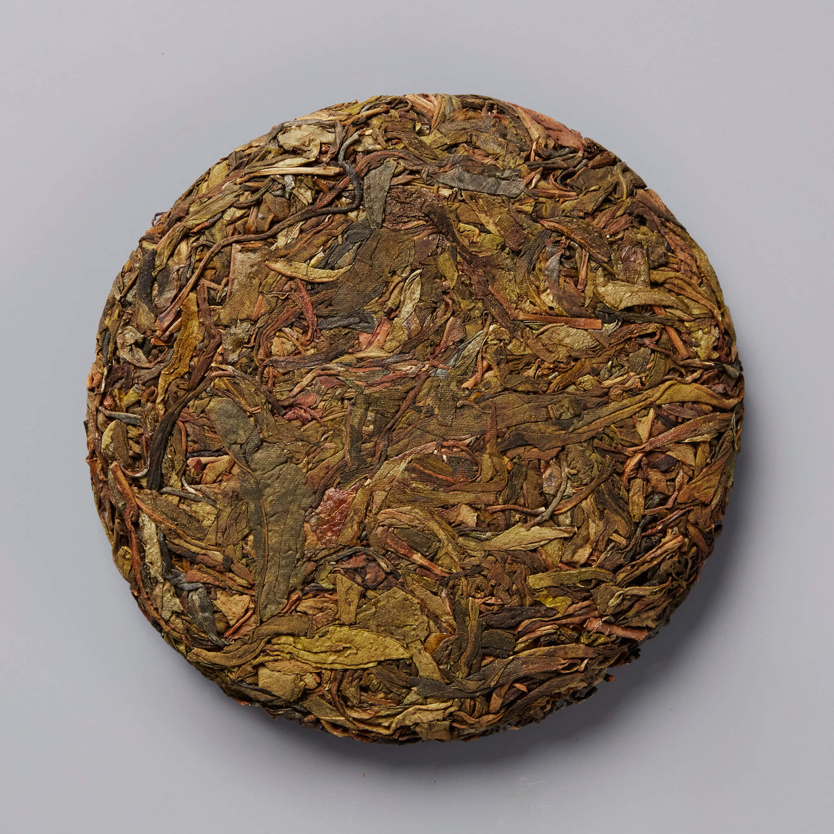 Grandpas Flask huangpian sheng puer tea cake showing compressed aged brown and golden tea leaves in circular form