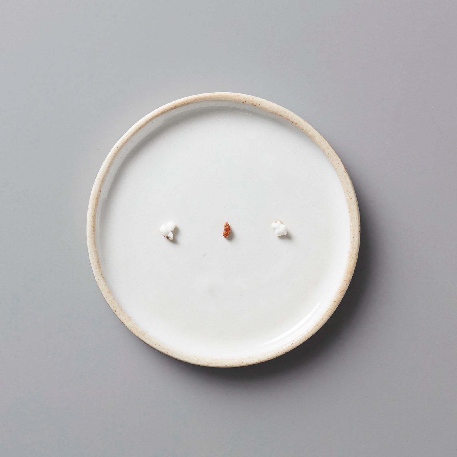 Popped Genmai tisane grains displayed on minimalist white ceramic plate with beige rim on grey background