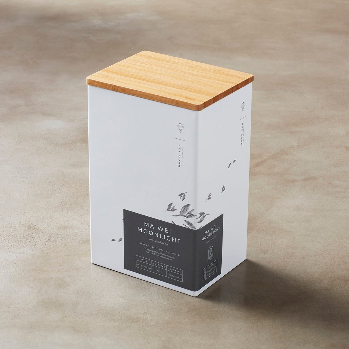 Storage Can MIYABI: White rectangular tin container with bamboo lid and minimalist design for premium tea storage